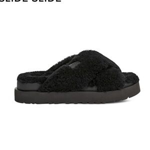 UGG Black Fuzzy Furry Cross Slipper Slides